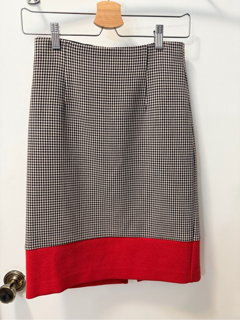 Houndstooth Pencil Skirt with Coral Red Hem